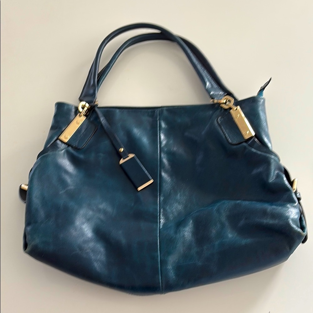 Vintage Arnold Churgin blue handmade shoulder bag w/ gold tone hardware